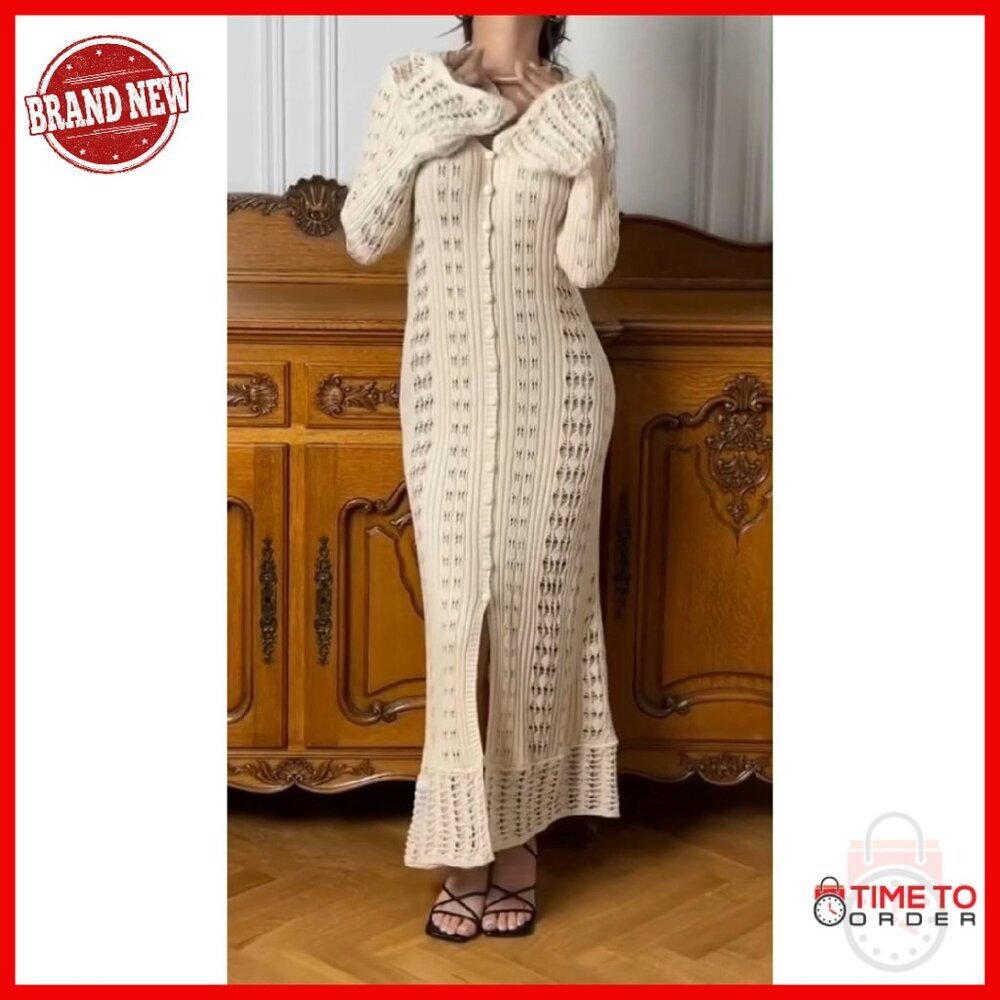 Long Crochet Cardigan Maxi Dress Button Down Boho Cover Up Sweater - Picture 8 of 8
